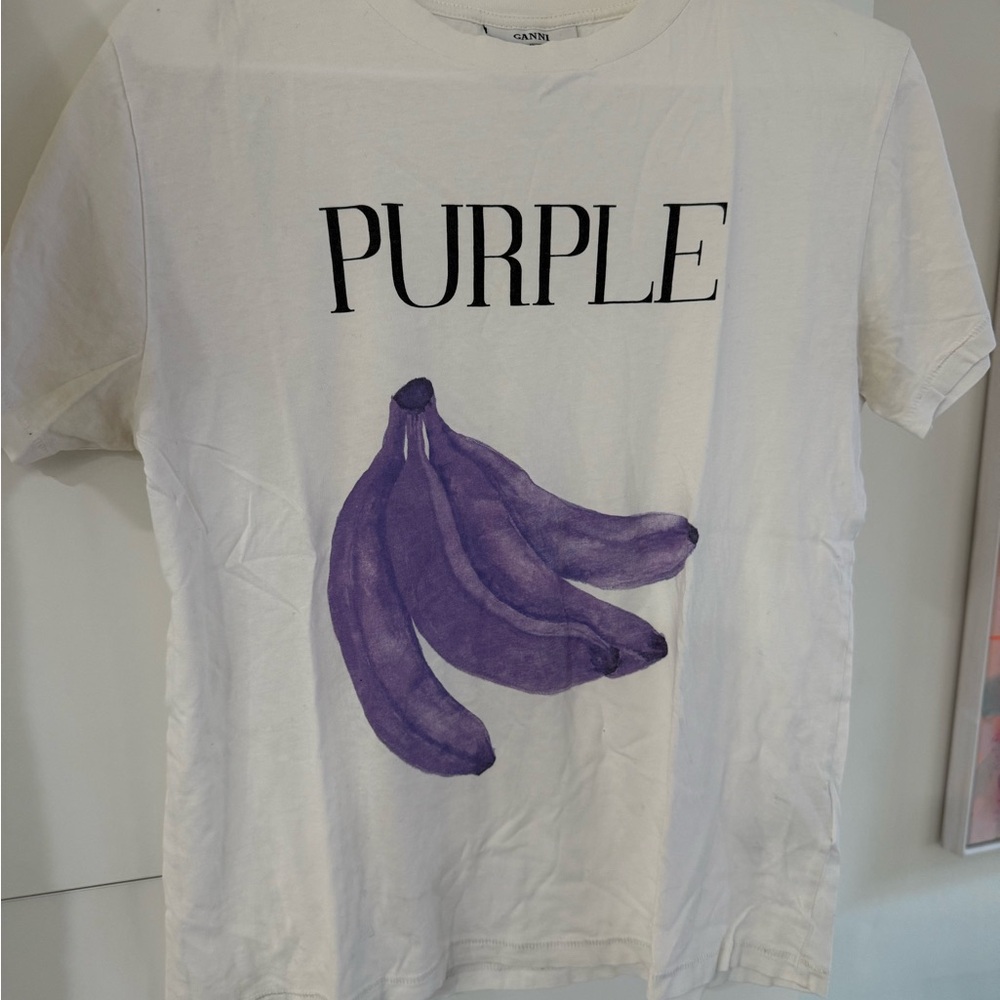 Ganni White Tee with Purple Graphic